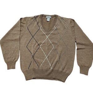 Vintage Sansabelt Mens Wool V Neck Sweater Size Large Brown Argyle Academia EUC